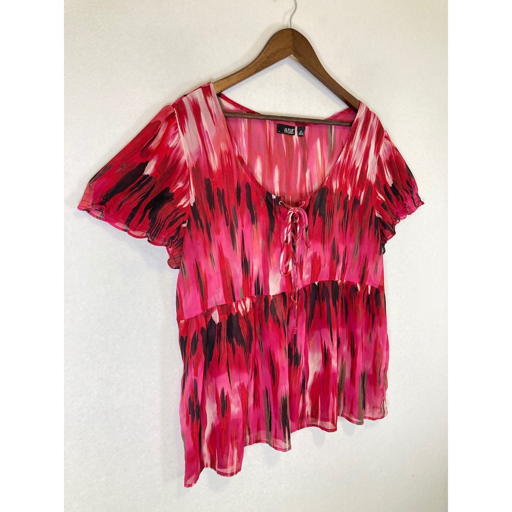 Boho a.n.a Women XL Pink Red‎ Abstract Flutter Sleeve Lace Up Sheer Blouse - Picture 10 of 11